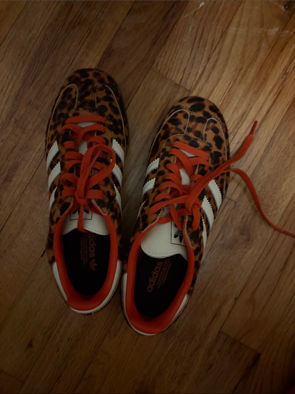 adidas Leopard Print Sneakers with White Stripes and Orange Accents